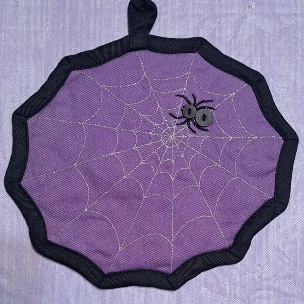 4 piece Spider Web Purple & Black Halloween Kitchen Apron & Pot Holder Set